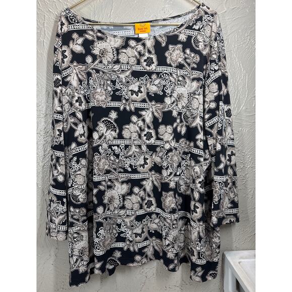 Ruby Rd Womens Black White Floral Striped Tunic Top Shirt 3/4 Sleeve Size 3X - Picture 2 of 6
